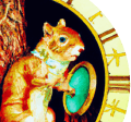 logo squirrel in front of clock