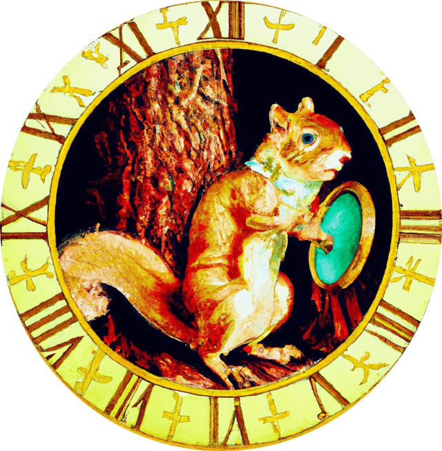logo squirrel in front of clock